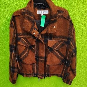 Nine West Tan and Black Plaid Utility Jacket